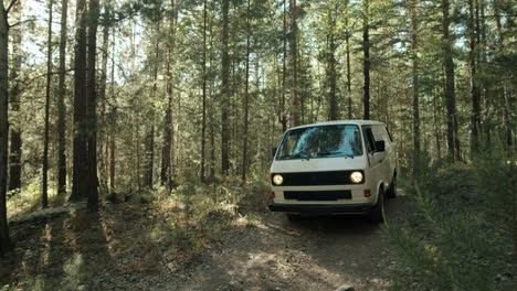 Woman-Driving-Camper-Van-in-Forest